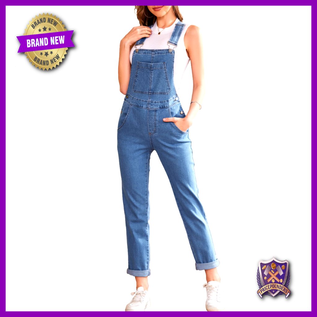 Denim Jumpsuit With Adjustable Straps, Pockets, Straight Leg Fit